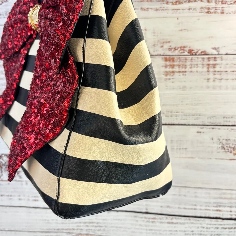 Betsey Johnson Black White Striped Satchel Red Sequin Bow Handbag Studded Handle